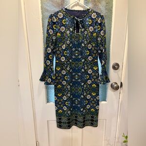 Maggie LondonFloral Long Sleeve Dress - Blue and Yellow 8P Vintage